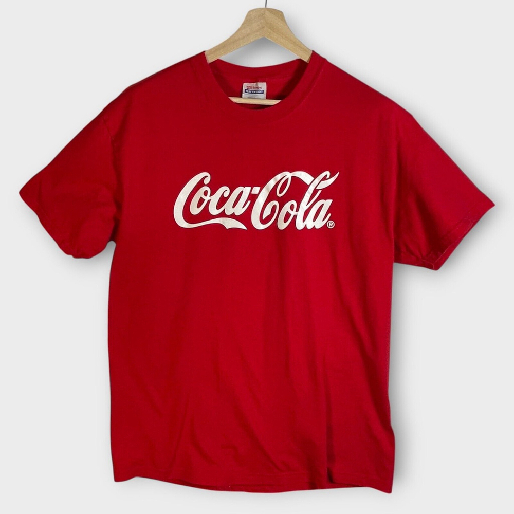 🦜 Coca-Cola Hanes Heavyweight Tag T-shirt LARGE (42-44) 100% Cotton Red Logo